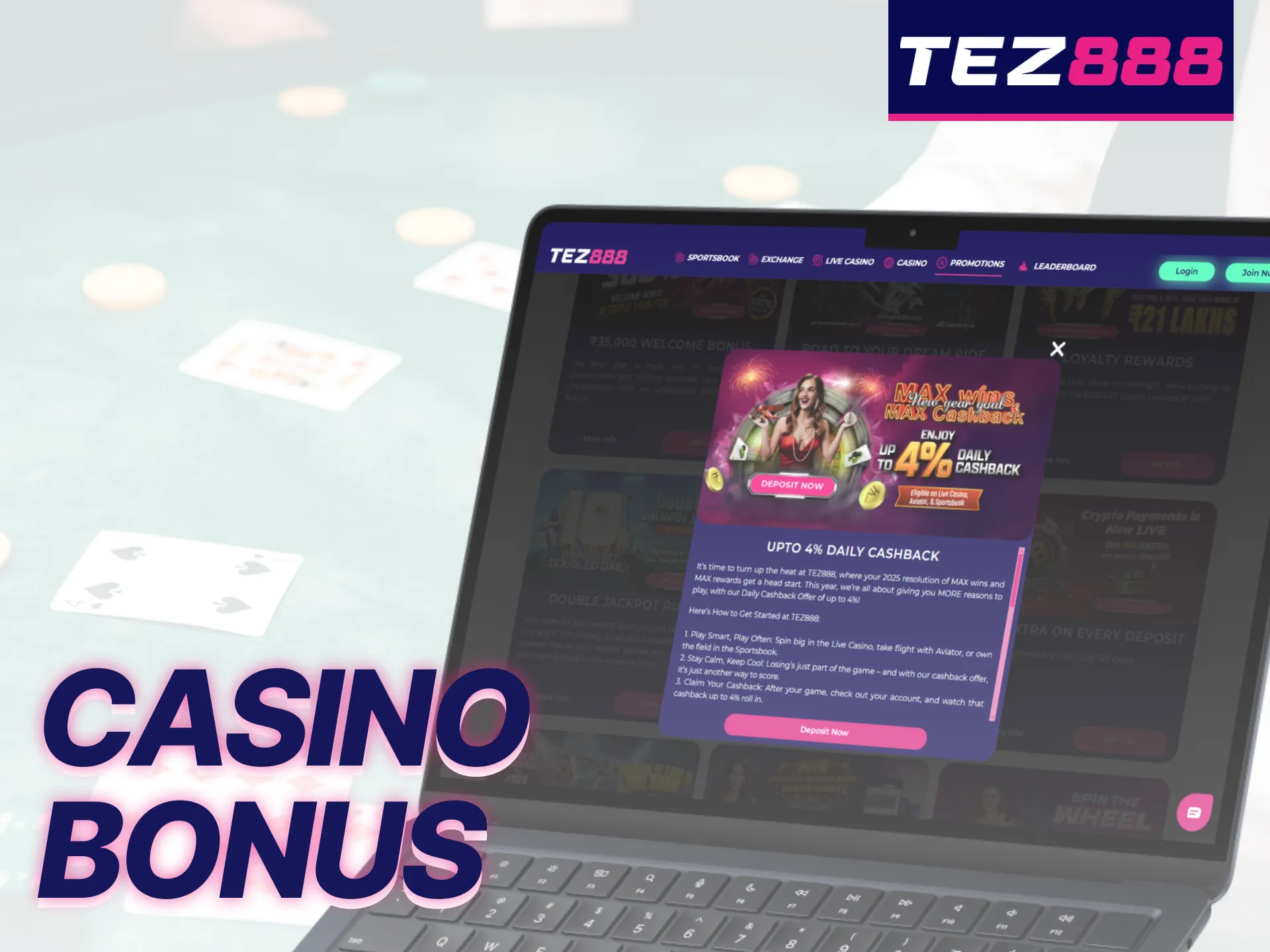 The Tez888 website provides a casino bonus for its customers.