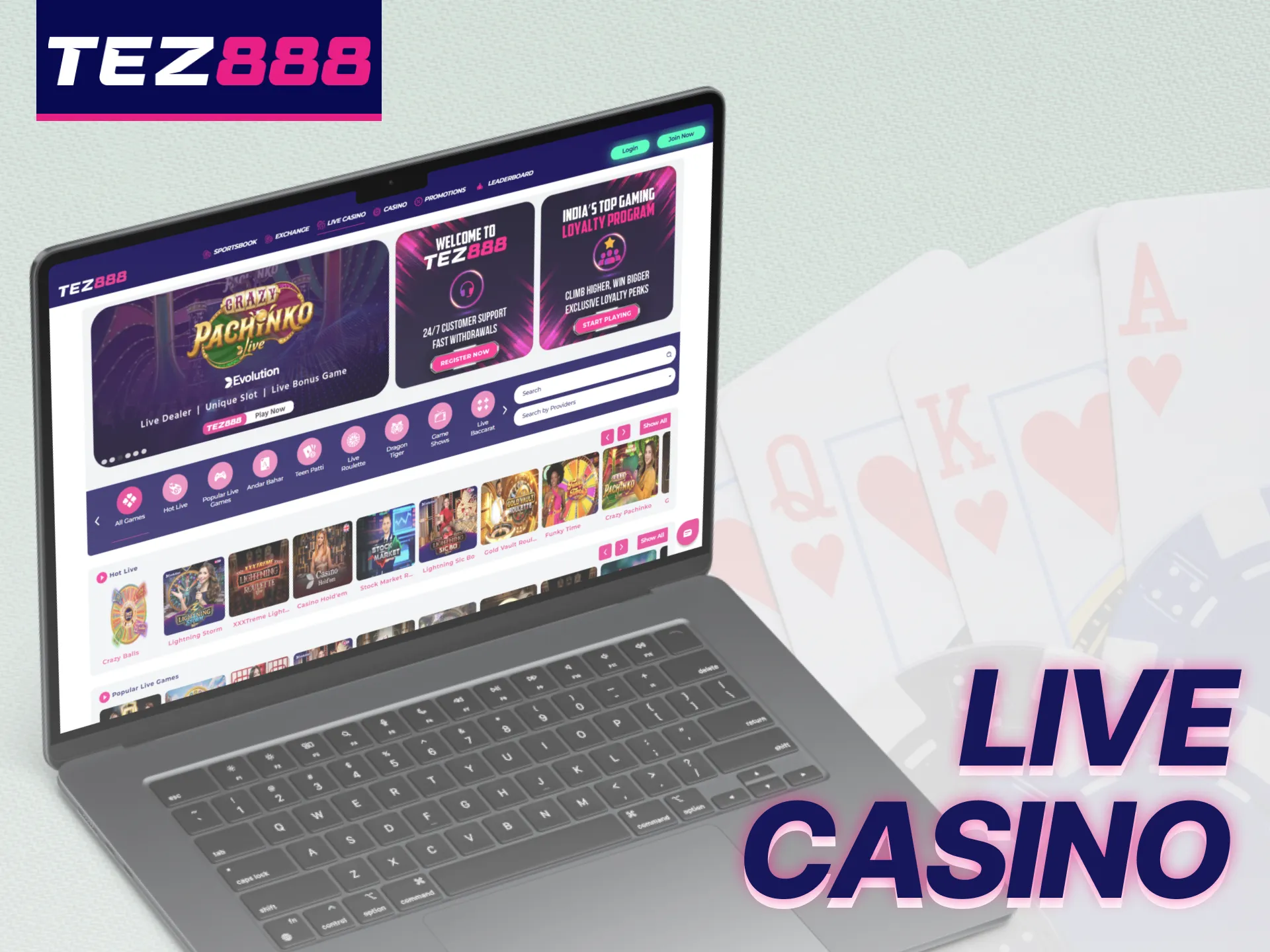 Tez888 offers a wide selection of live casino games for players to enjoy.