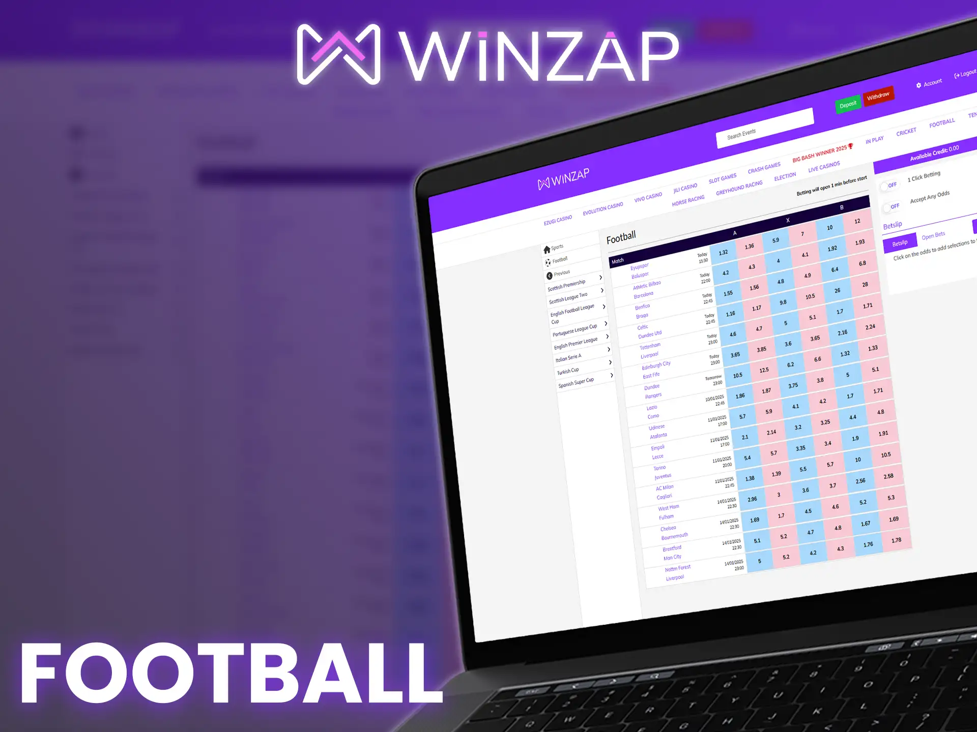 Winzap offers a wide range of markets for football betting.