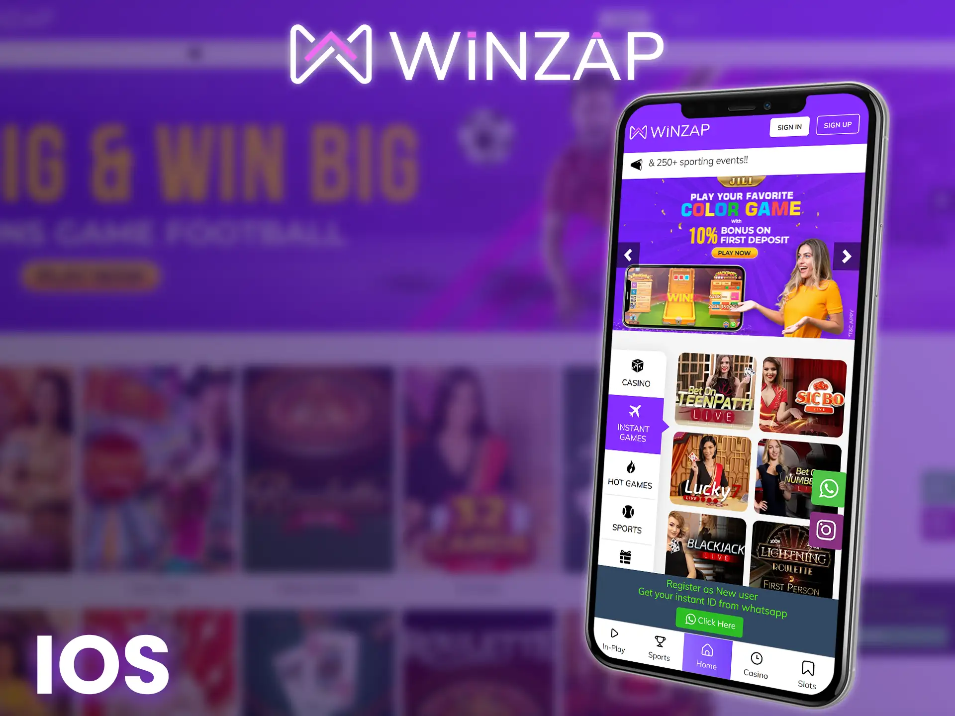 To use the Winzap app on iOS, add a Winzap mobile site shortcut to your home screen.