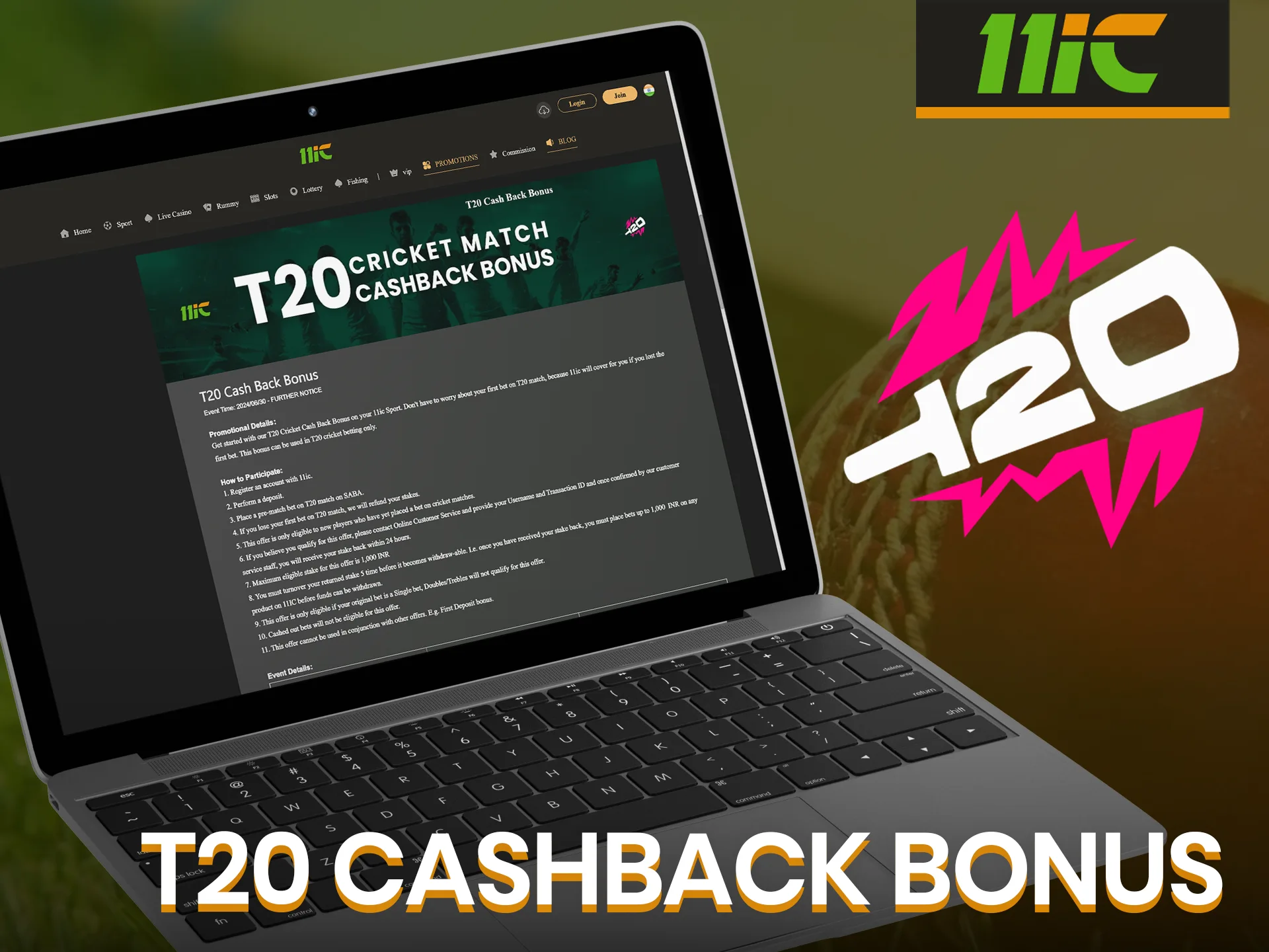 Get cashback on your first T20 cricket match bet at 11ic.