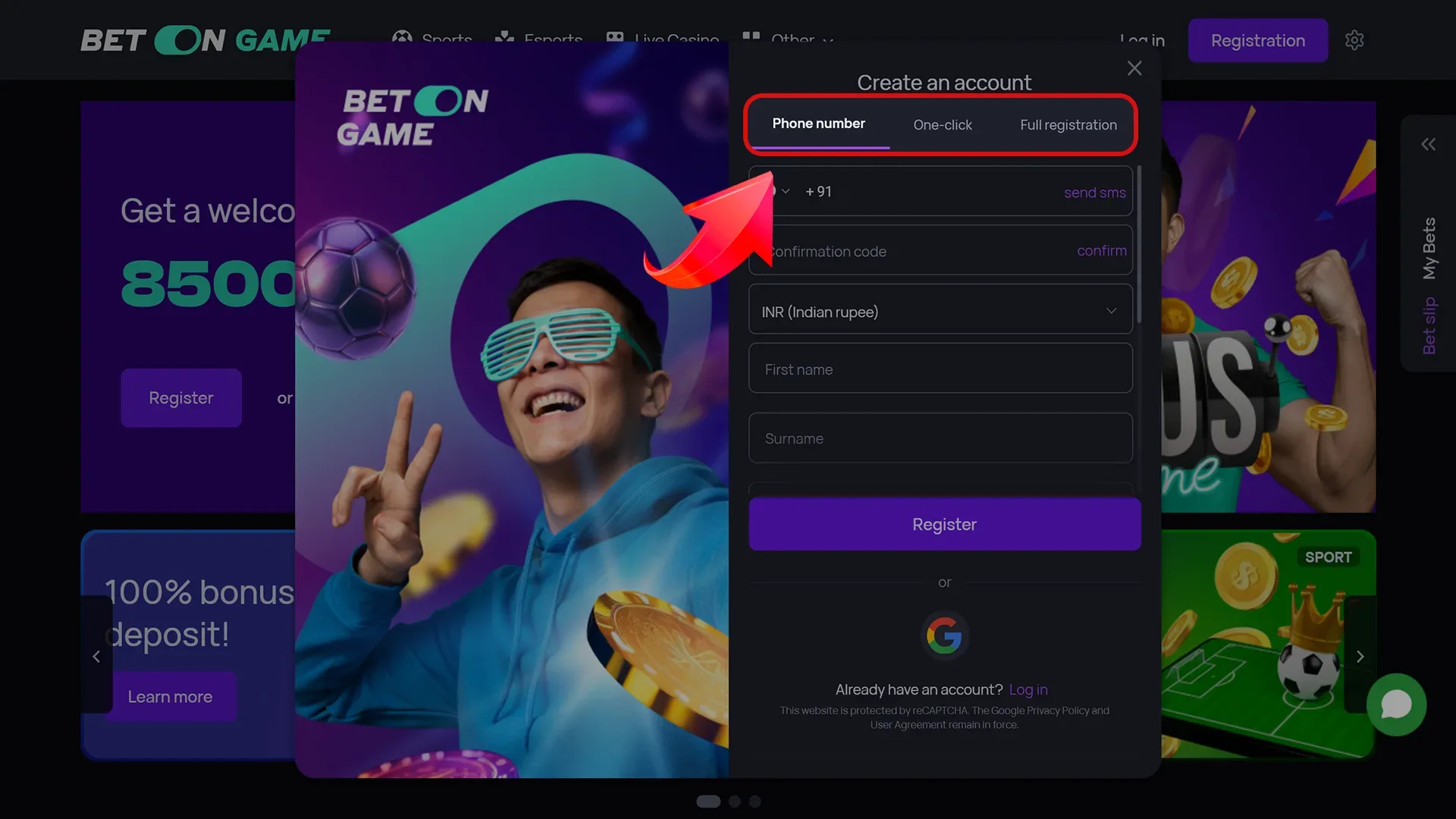 Choose a convenient way for you to register at BetOnGame.
