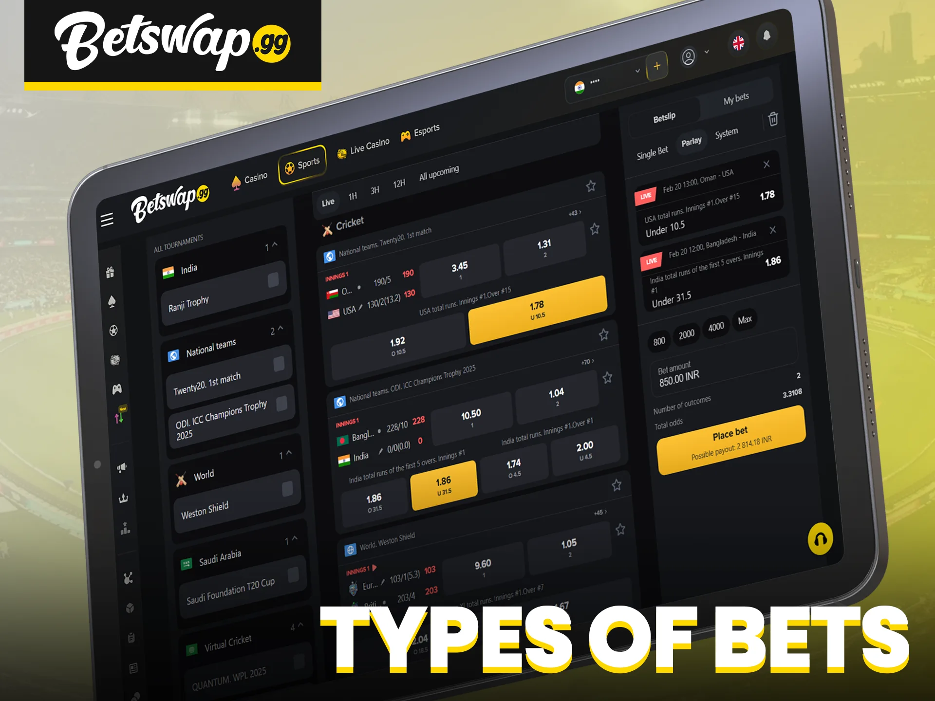 You can place different types of bets at Betswap.