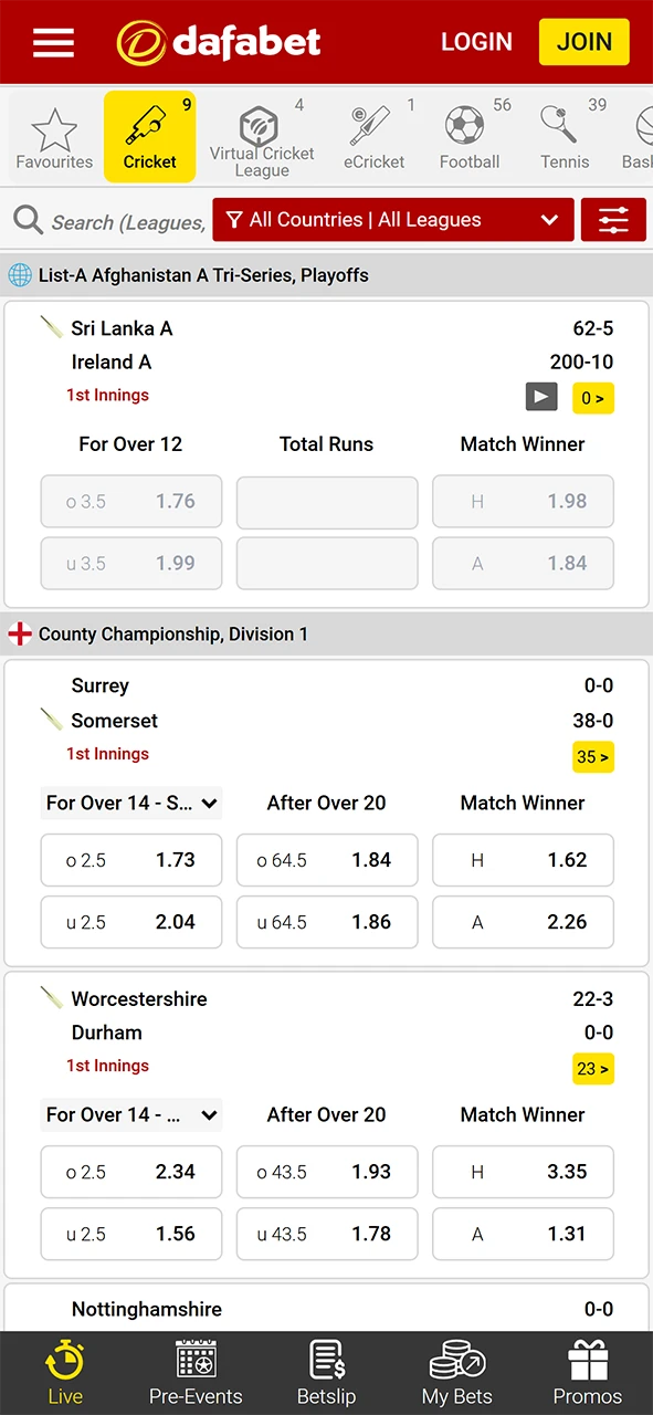 The sports section on the Dafabet app.