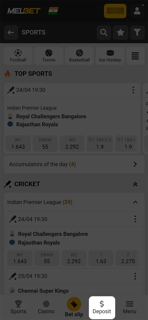 Click on the Melbet deposit button.