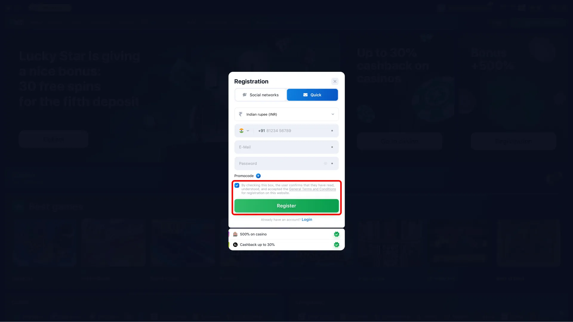 Agree to the terms and conditions before creating your Lucky Star account.
