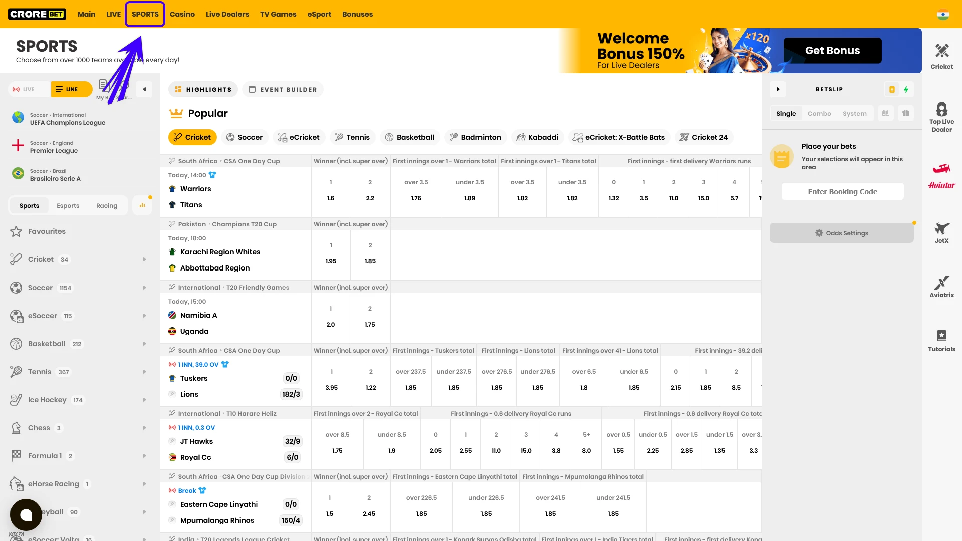 Navigate the sports line to find events for betting at Crorebet.