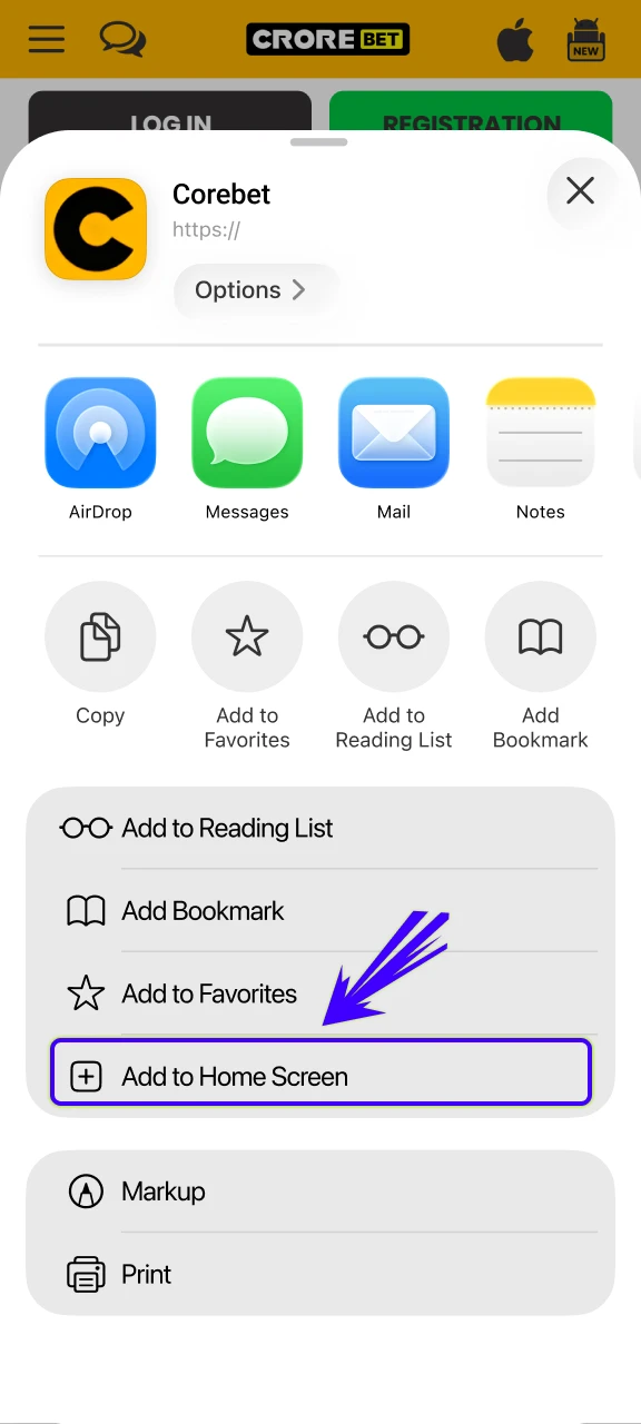 Choose to add the shortcut for the Crorebet on iOS.