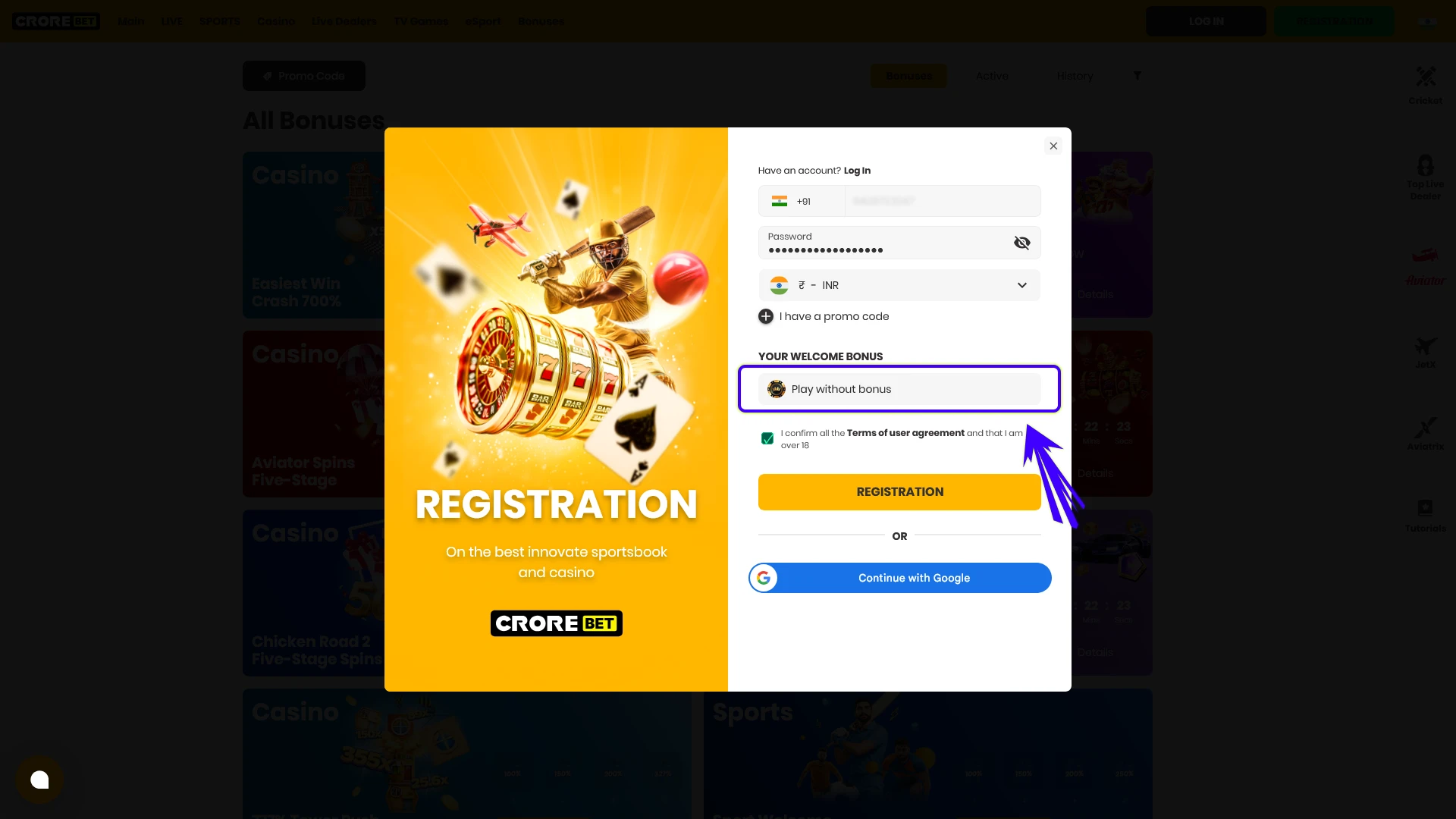 Activate a Sign Up welcome bonus for Crorebet betting.